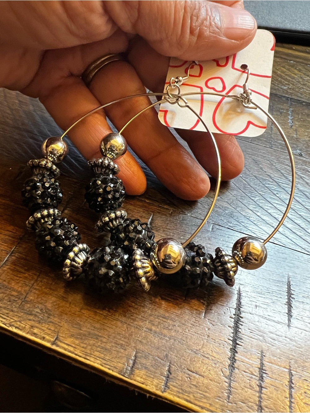 Silver Hoop Earrings with Black Bead Clusters